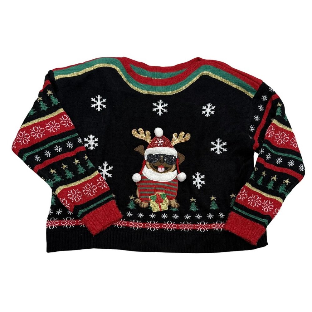 Blizzard Bay XL Christmas Sweater Pug Antlers Pom Poms Design Black Red Green